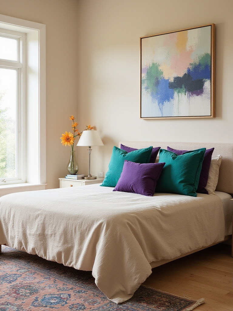 Beige bedroom with jewel-toned throw pillows and rug, showcasing pops of color.