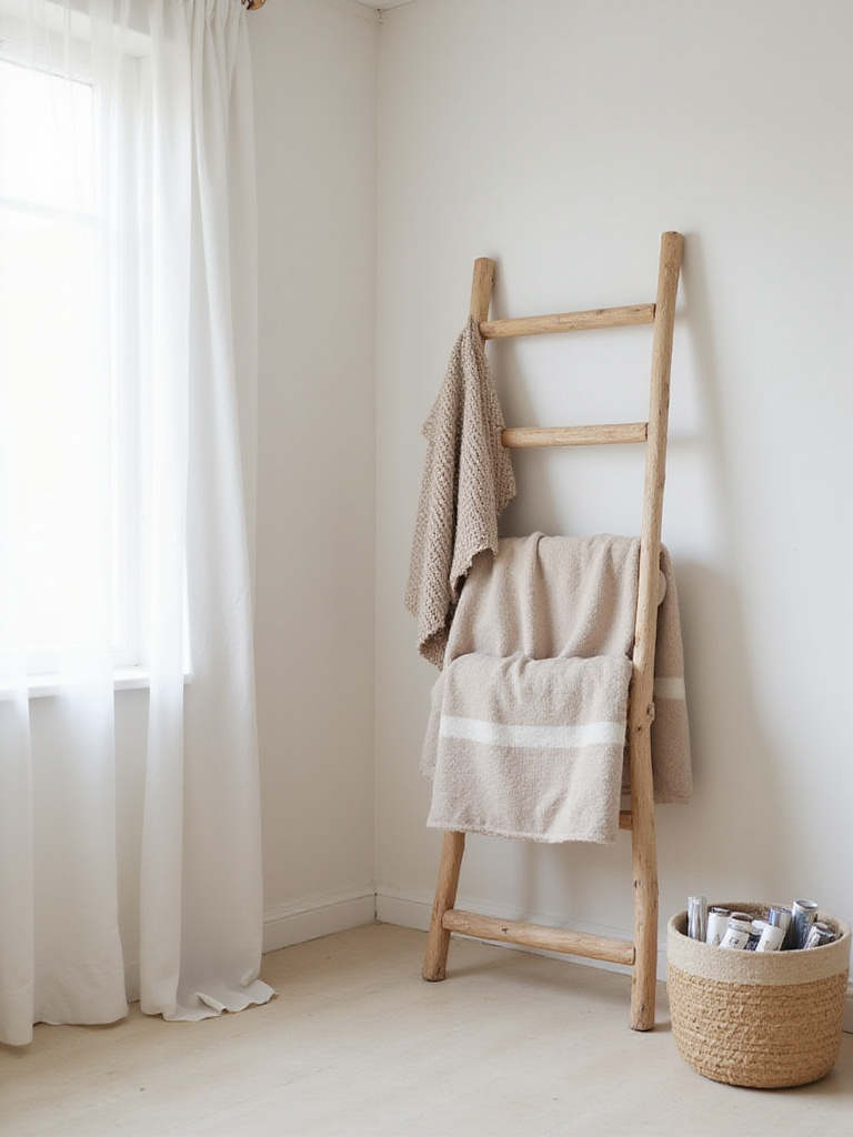 Minimalist bedroom corner with functional decor: wooden ladder blanket storage and woven basket magazine holder.