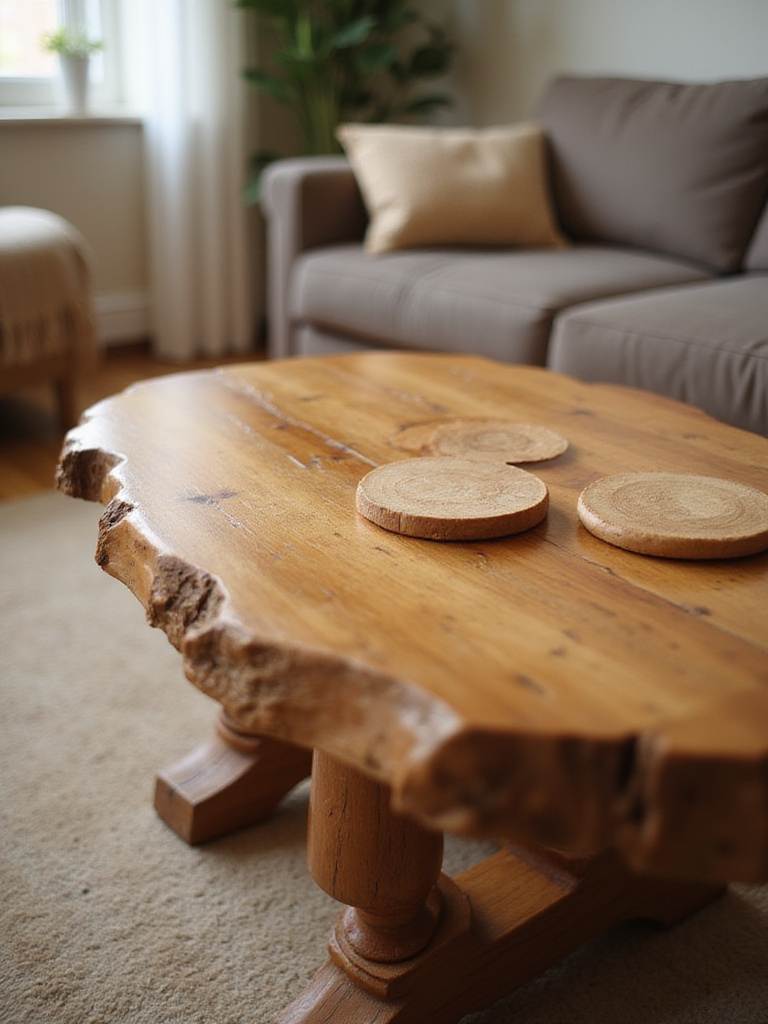 Close-up of a well-maintained wooden coffee table with coasters, showcasing a smooth, protected surface in a living room.