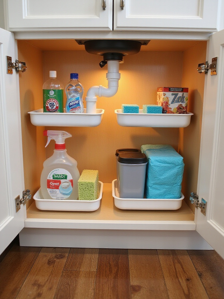 Pull-out caddies organizing cleaning supplies and other items under a kitchen sink.