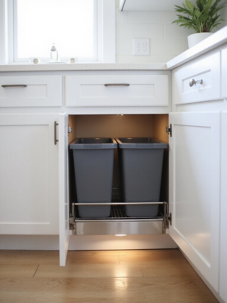 Under-counter kitchen cabinet open showing a pull-out system with two bins for trash and recycling.
