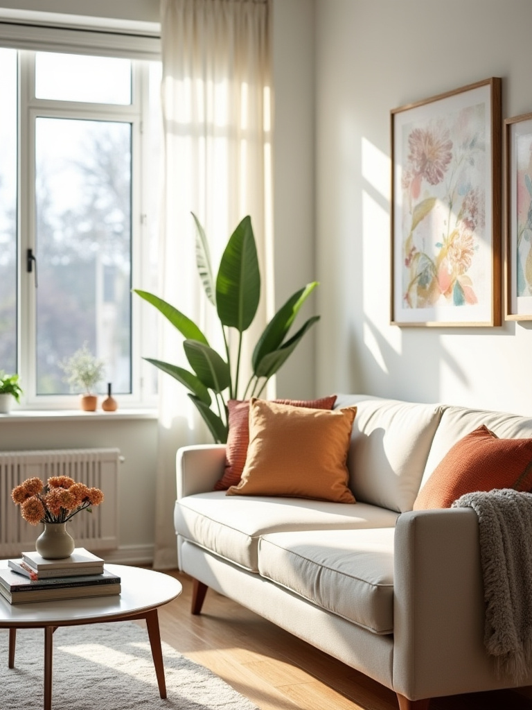 Bright apartment living room showcasing quick decor updates like colorful pillows, rearranged art, and a potted plant.