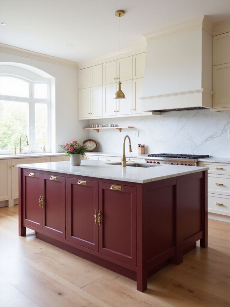 Burgundy kitchen island with white marble countertop and brass hardware in a bright, modern kitchen.