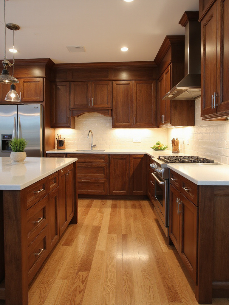 A luxurious kitchen featuring rich walnut wood cabinetry, a light countertop island, and neutral backsplash tiles, showcasing the natural warmth and grain of the wood.