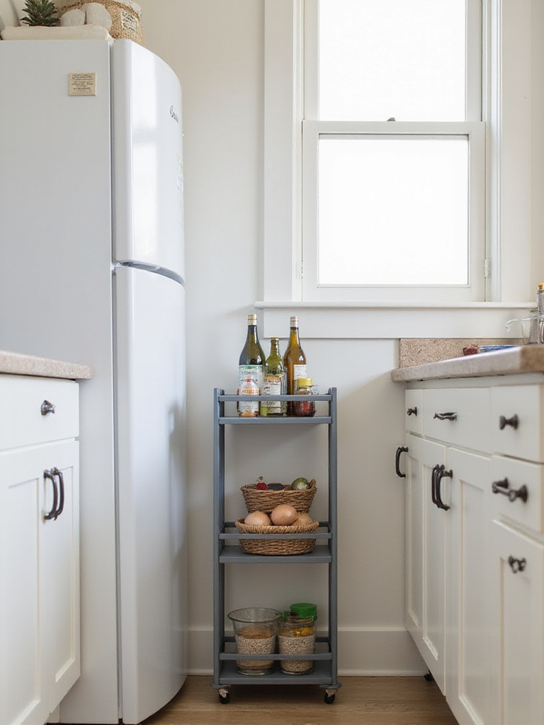 A slim grey utility cart neatly placed in the narrow gap between a refrigerator and cabinet in a small, modern kitchen, providing extra storage for spices and kitchen essentials.