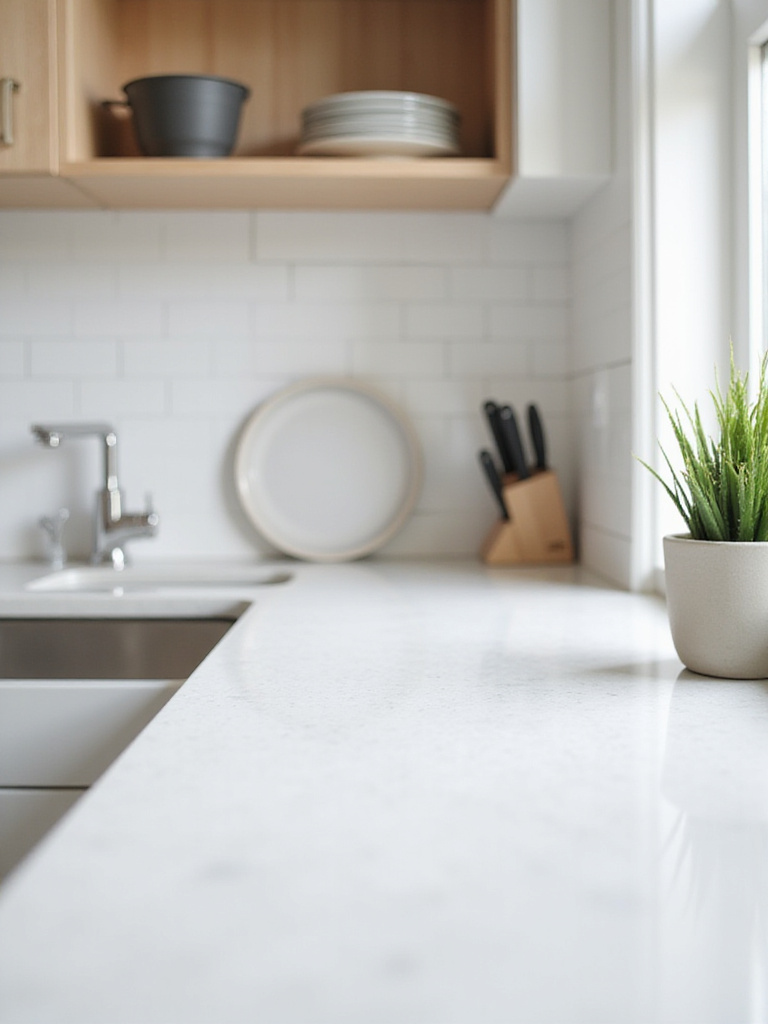 A clean and spacious small kitchen countertop with minimal items, showcasing the impact of decluttering.