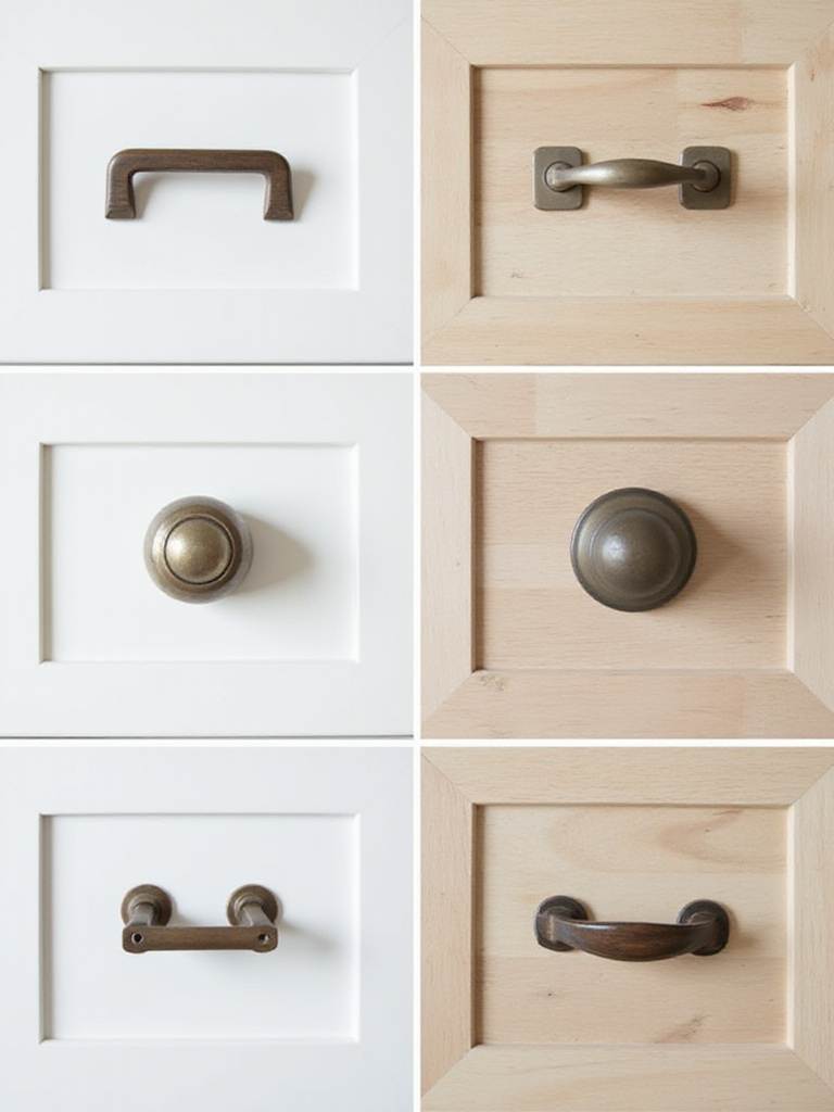 Various cabinet hardware options and styles showing pulls, knobs, and mixed applications for kitchen interior design