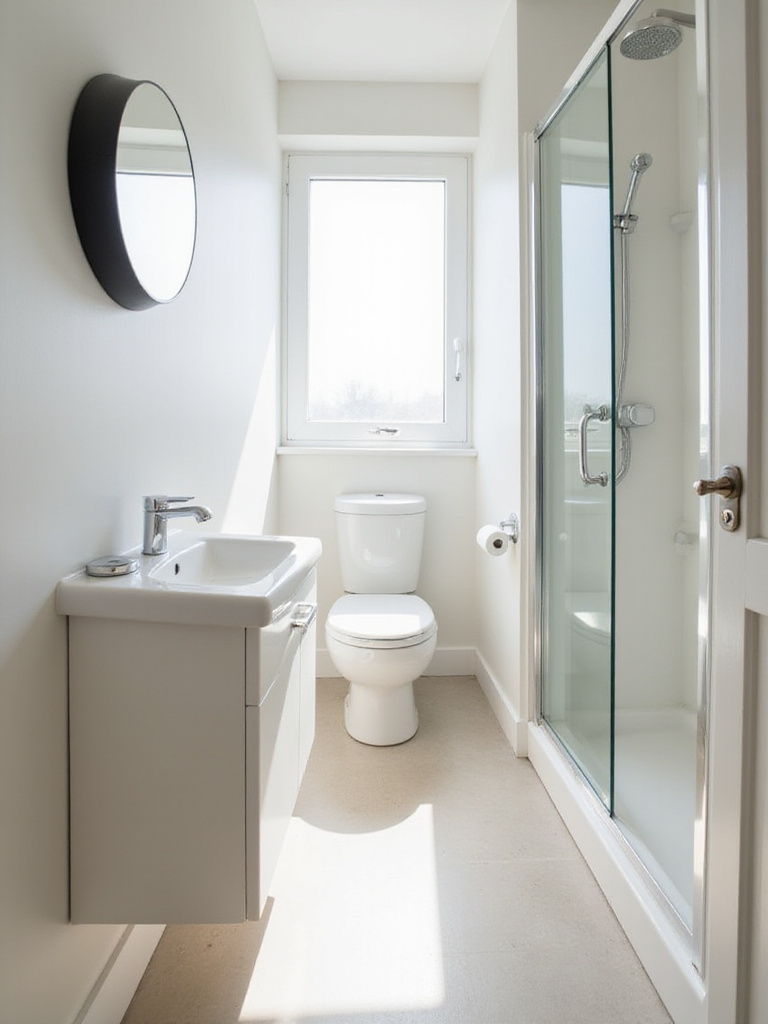 Small bathroom interior showcasing appropriately scaled fixtures for efficient space utilization.