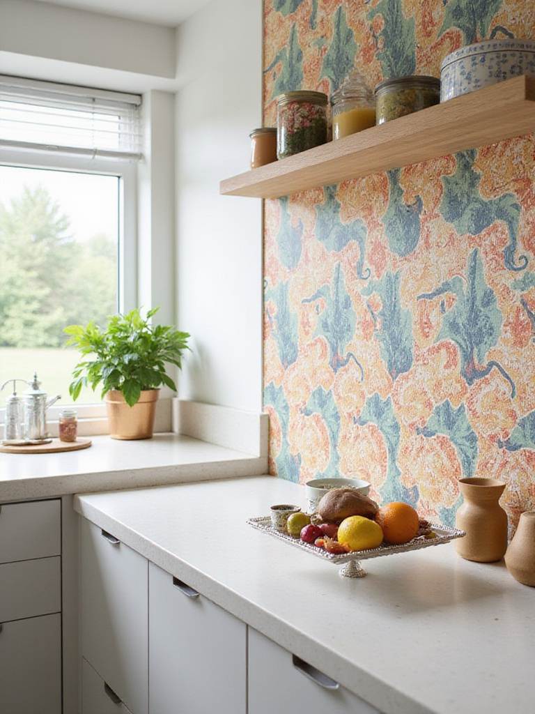 A kitchen featuring durable, washable vinyl wallpaper, highlighting its practical and aesthetic qualities.