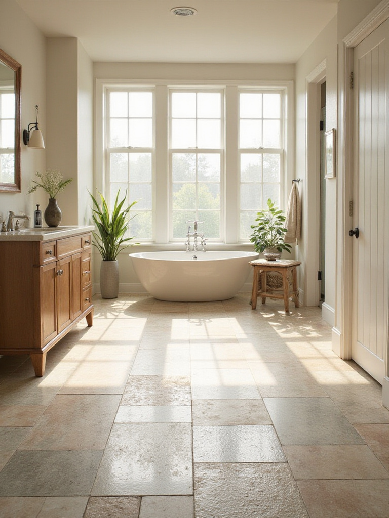 Bathroom interior showcasing durable and stylish flooring options including tile and LVP