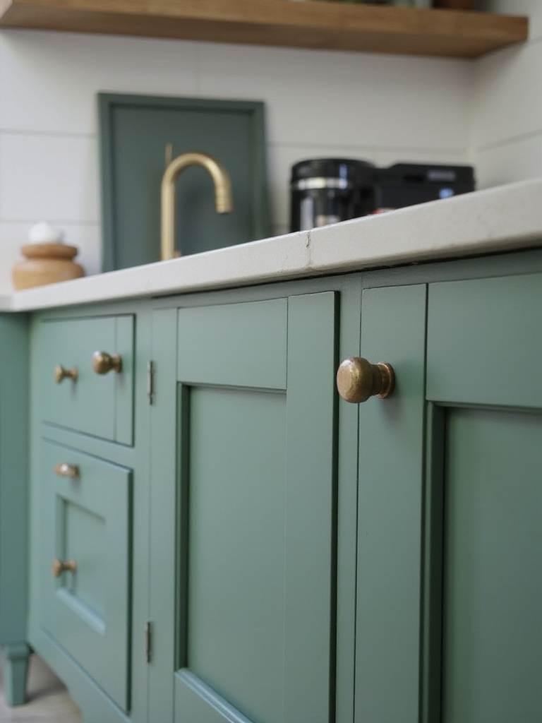Close-up of green kitchen cabinet doors with contrasting hardware finishes