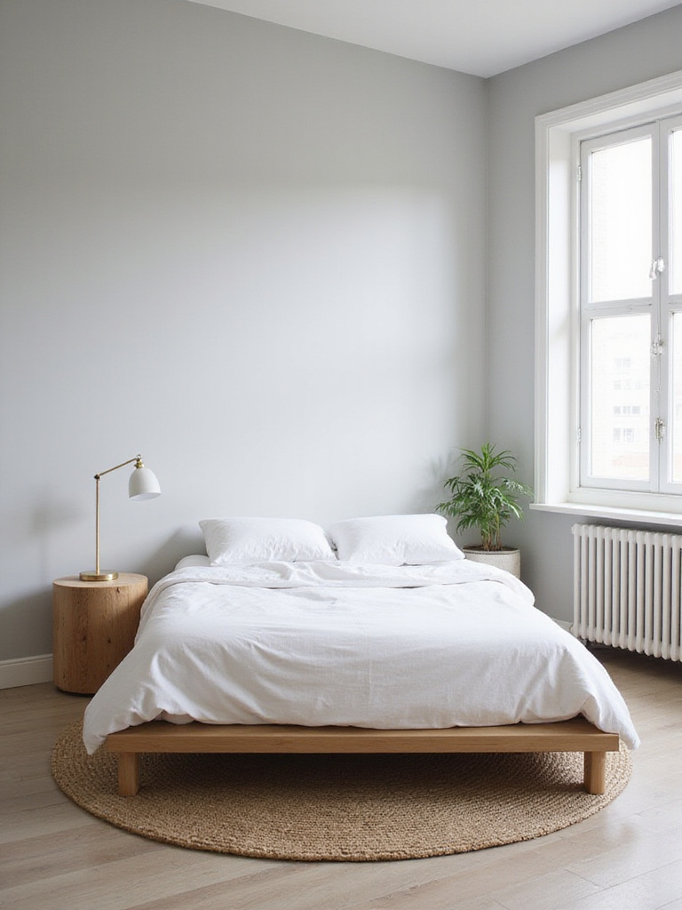 Minimalist bedroom with platform bed, bedside table, and natural light.