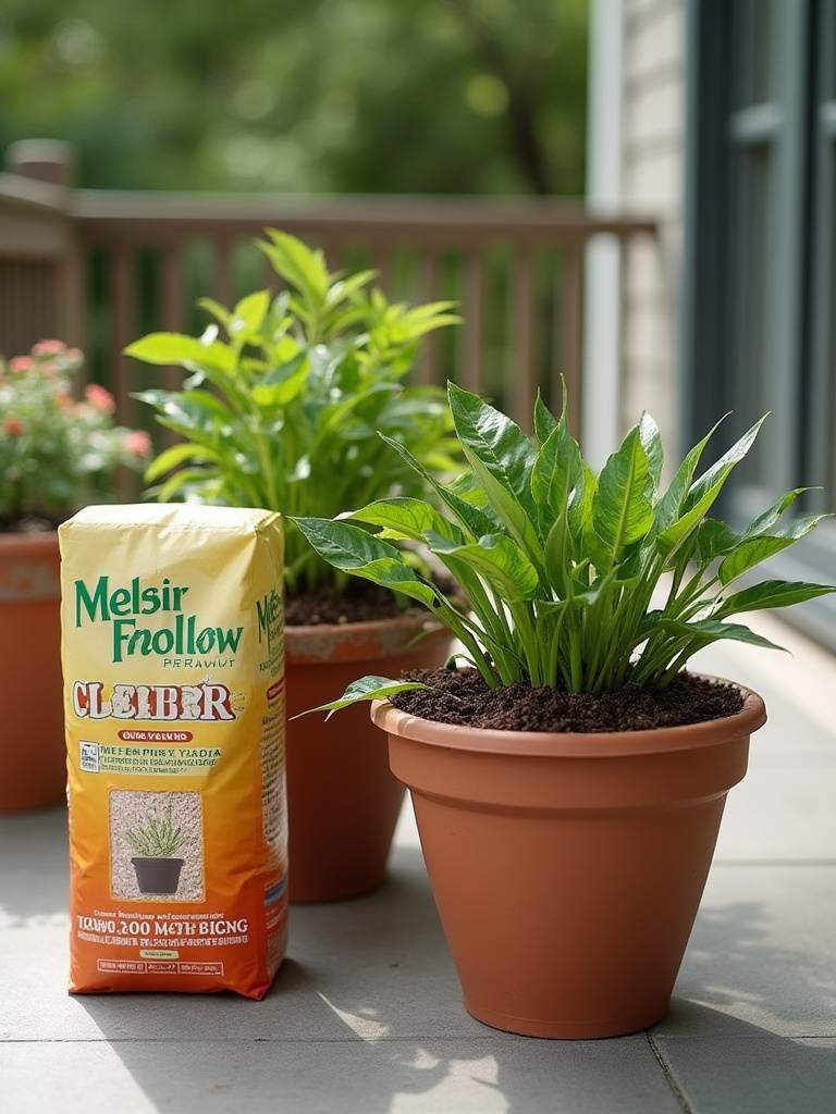 Comparison of potted plants on a patio, one thriving in fluffy potting mix and another struggling in dense garden soil, illustrating the importance of choosing the right container medium.