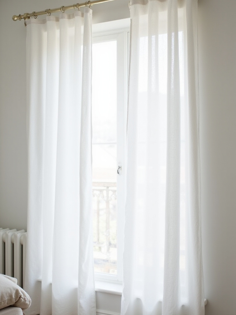 Minimalist bedroom with white linen curtains