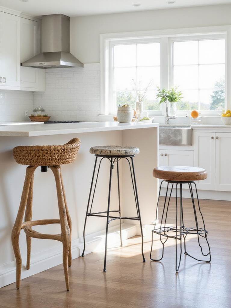 A trio of unique, mismatched bar stools featuring different styles and materials positioned along a modern kitchen island.