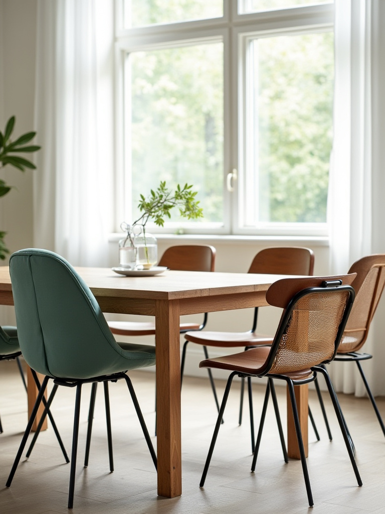 Dining room with a mix of stylish dining chairs around a wooden table.