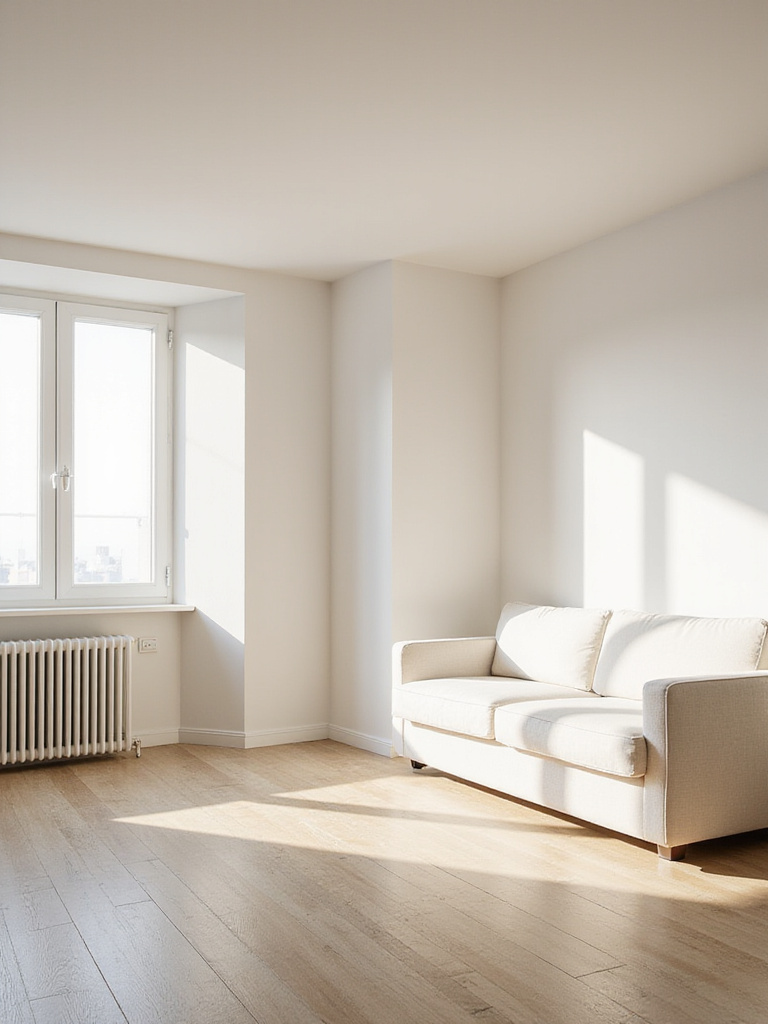 Bright apartment living room painted in a light neutral color, appearing spacious and airy with natural light.