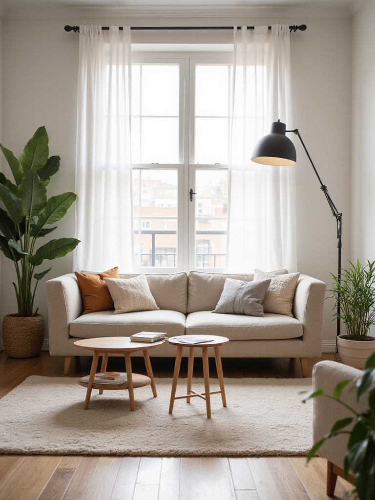 A modern apartment living room featuring a perfectly-sized grey fabric sofa, a round coffee table, and a large window allowing natural light. The room feels spacious and comfortable despite its smaller scale.