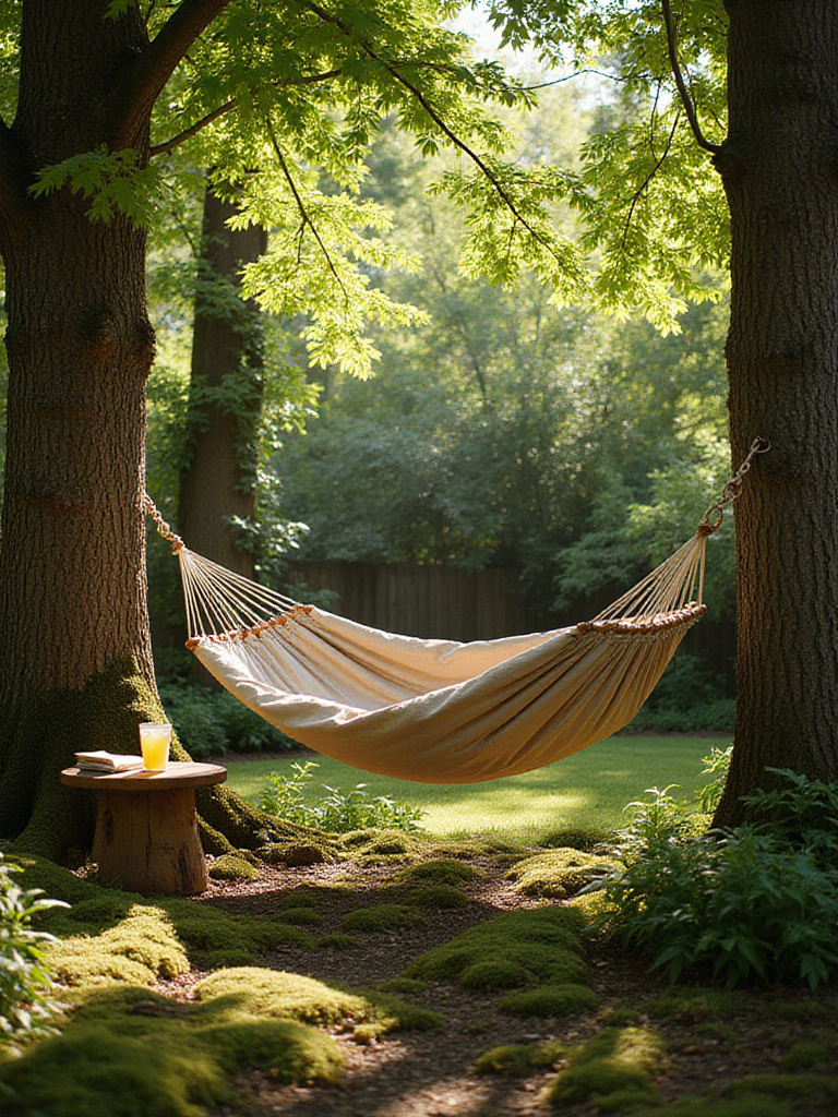 Relaxing hammock nook in a lush backyard garden setting