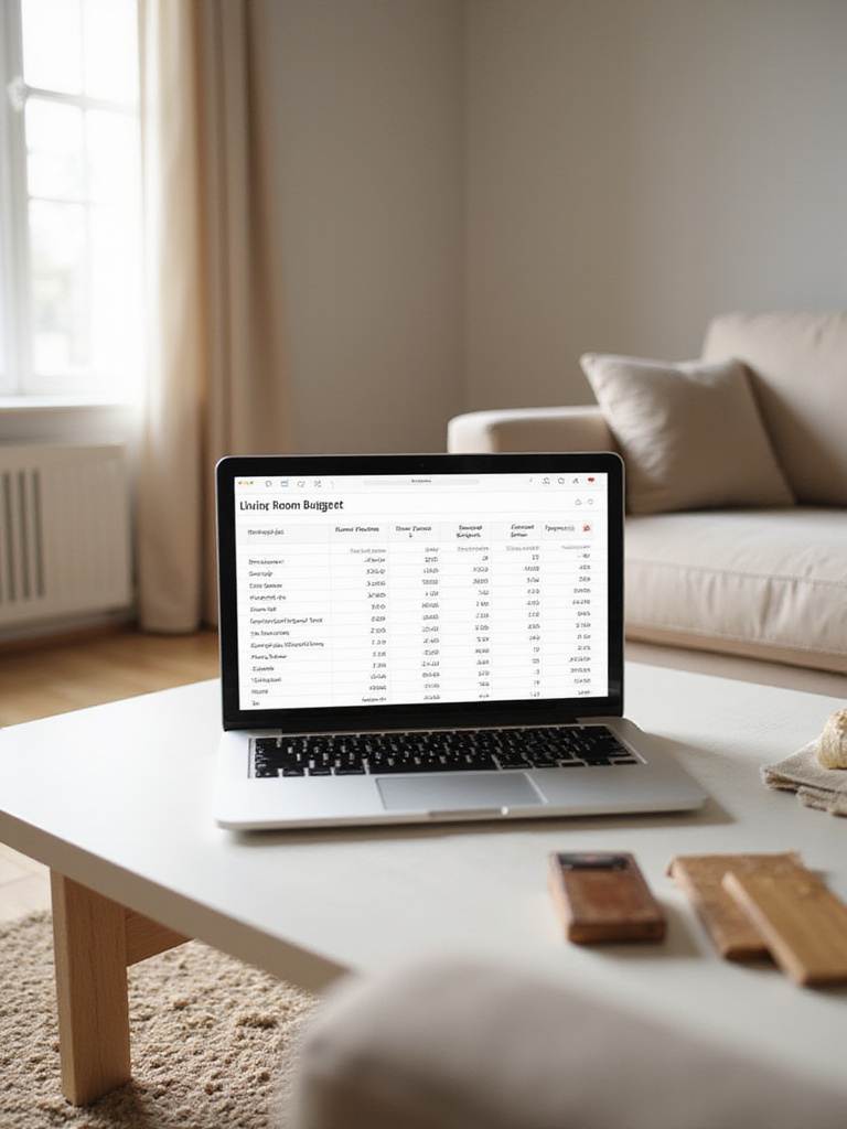 Laptop showing a furniture budget spreadsheet on a coffee table in a modern living room with fabric samples.
