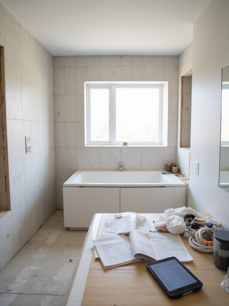 Bathroom remodel in progress with organized tools and budget spreadsheet.