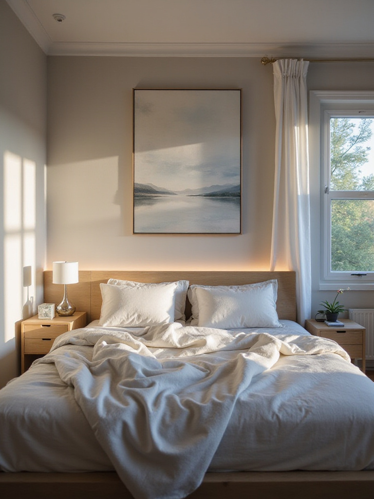 A serene bedroom featuring a large abstract painting above the bed with soft blue and cream colors, creating a calm and peaceful mood in the space.
