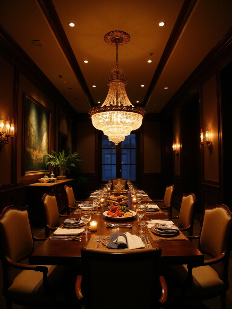 Elegant dining room illuminated by a chandelier and sconces.