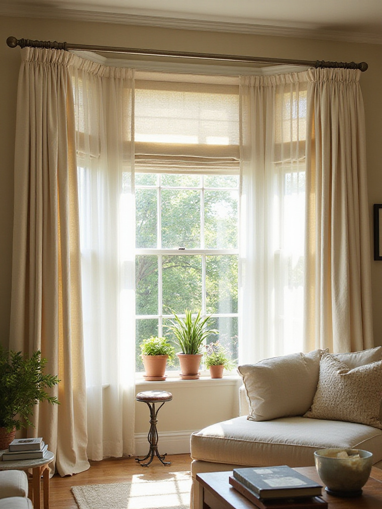 Layered window treatments featuring sheer curtains, linen drapes, and a Roman shade in a bright, stylish living room, showcasing design and light control.