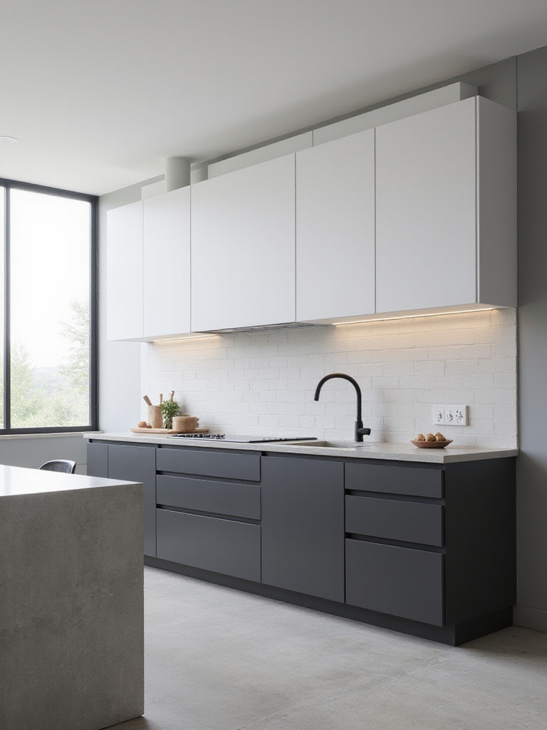 A modern minimalist kitchen featuring sleek, flat-panel cabinets in matte white and charcoal gray. The design is handleless with clean lines, a light gray quartz countertop, and a simple white tile backsplash, embodying a sophisticated and uncluttered aesthetic.