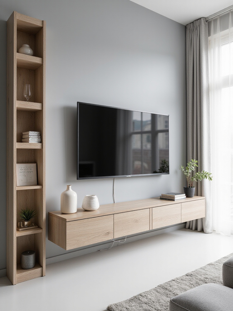 Modern apartment living room with a space-saving entertainment center, featuring a wall-mounted TV, floating console, and vertical shelving unit for smart storage.