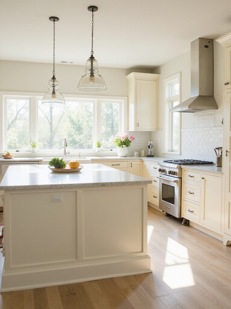 Cream kitchen island in a bright and airy kitchen with light countertops.