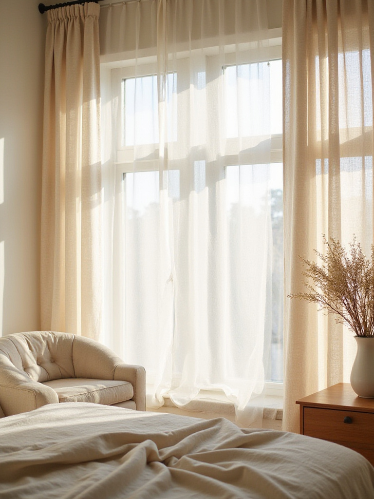 Beige linen curtains softening natural light in a calming bedroom.