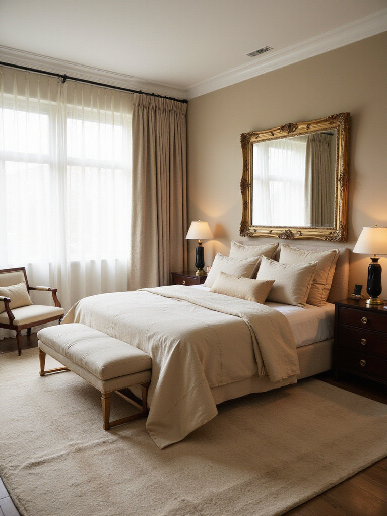 Beige bedroom with gold metallic accents creating a luxurious retreat