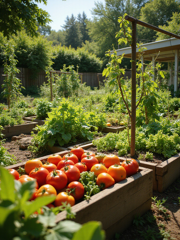 Thriving edible garden with raised beds, vegetables, and herbs