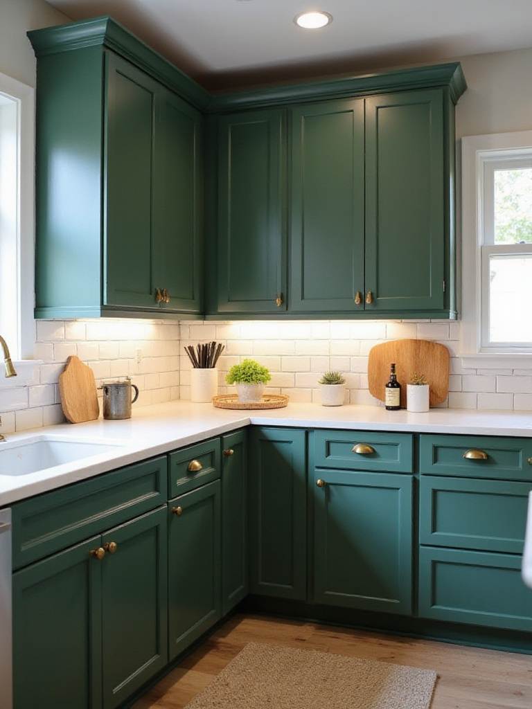 Stylish kitchen with green Shaker cabinets and brass hardware, white quartz countertops.