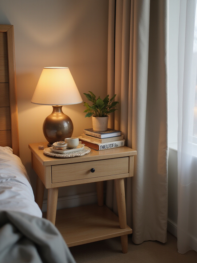 A beautifully styled wooden nightstand next to a bed, featuring a lamp, books, a plant, and decorative items, illustrating professional nightstand decor.