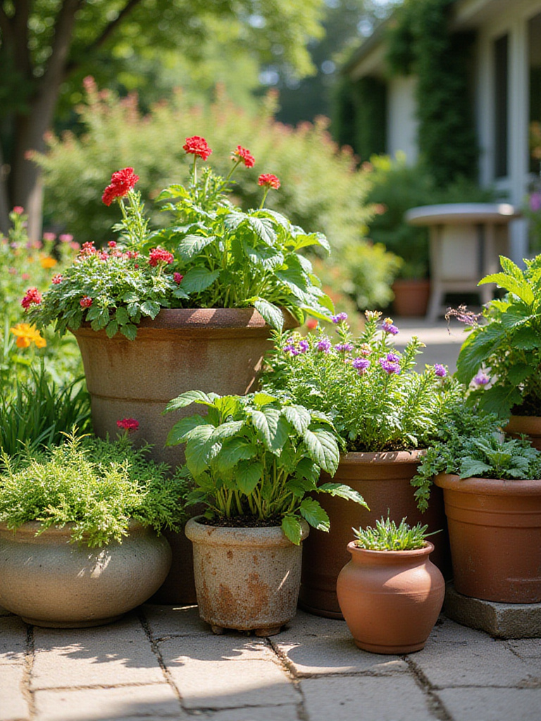 Colorful container garden arrangement on a sunny patio with flowers, herbs, and vegetables.