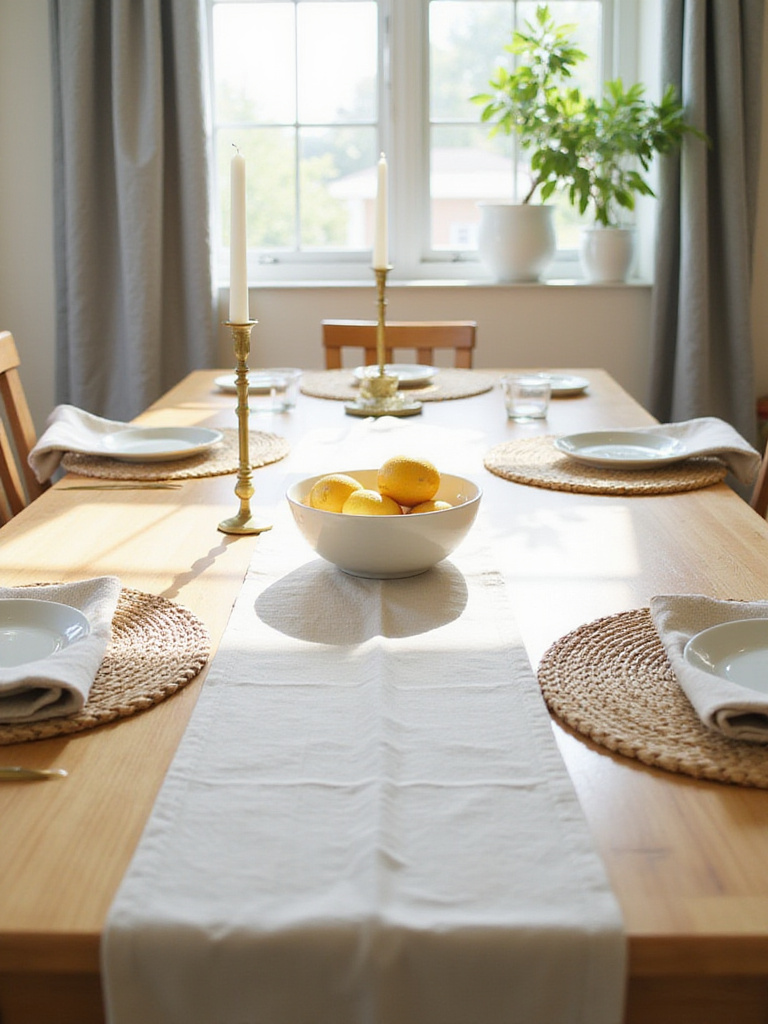 Dining room table styled for everyday charm with a linen runner, lemons, and simple tableware.