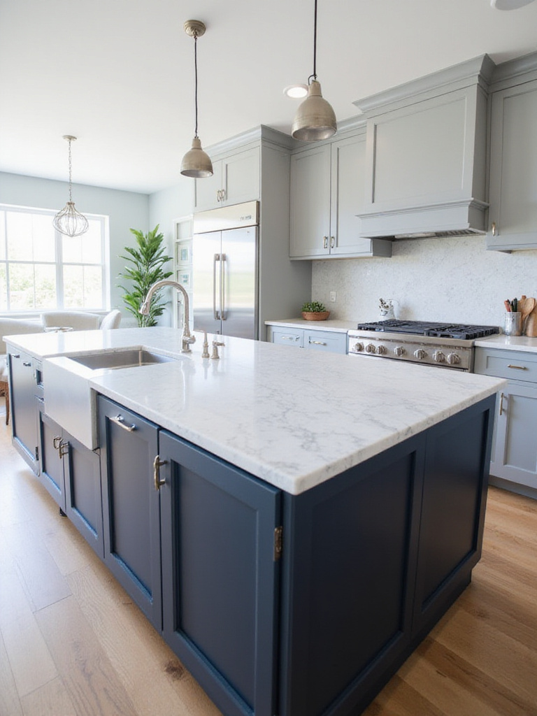 Modern kitchen island with two-tone design: navy blue base and white quartz countertop.