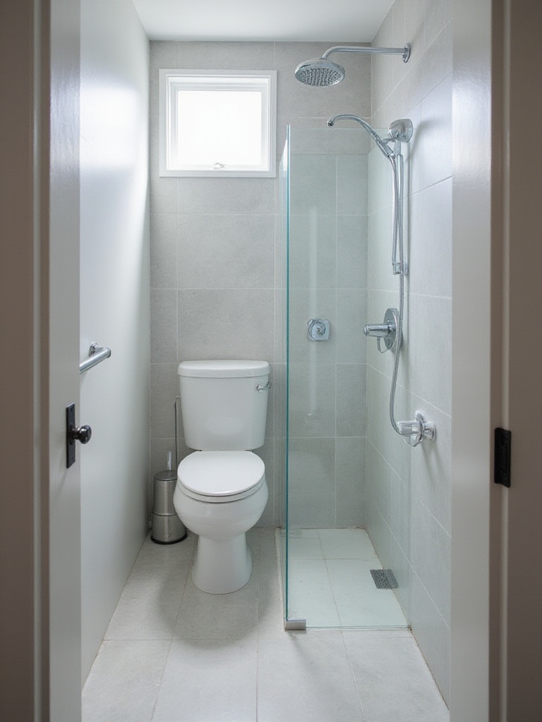 Small bathroom with clear glass shower door, creating an open and spacious feel.