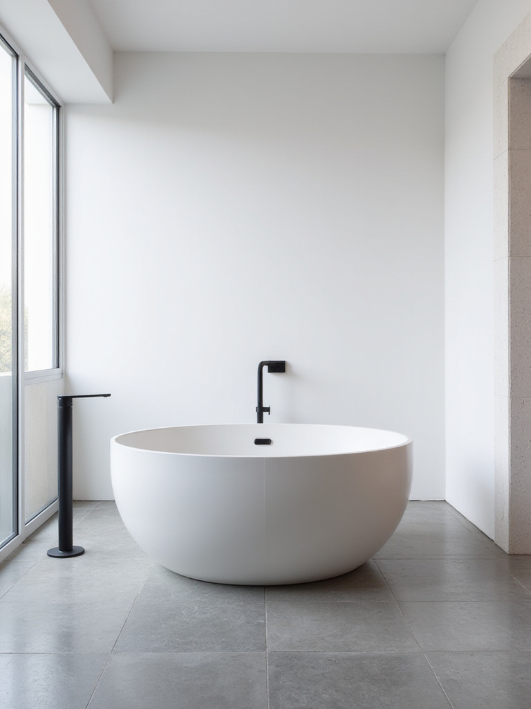 Modern bathroom with a white oval freestanding tub as the centerpiece, showcasing minimalist design and natural light.