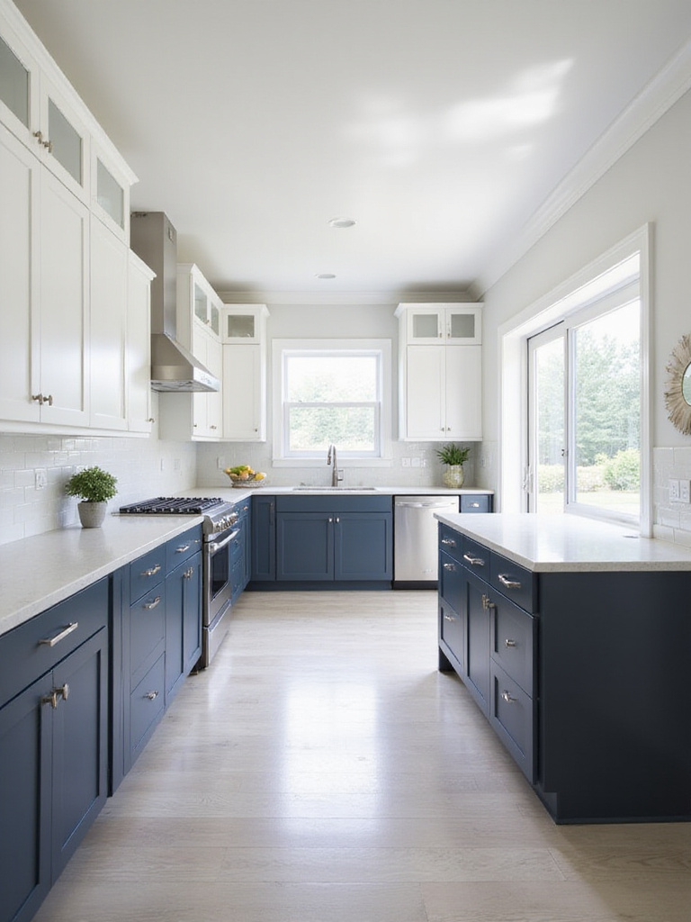 Modern kitchen with two-tone cabinets featuring navy blue lowers, white uppers, and a grey island.