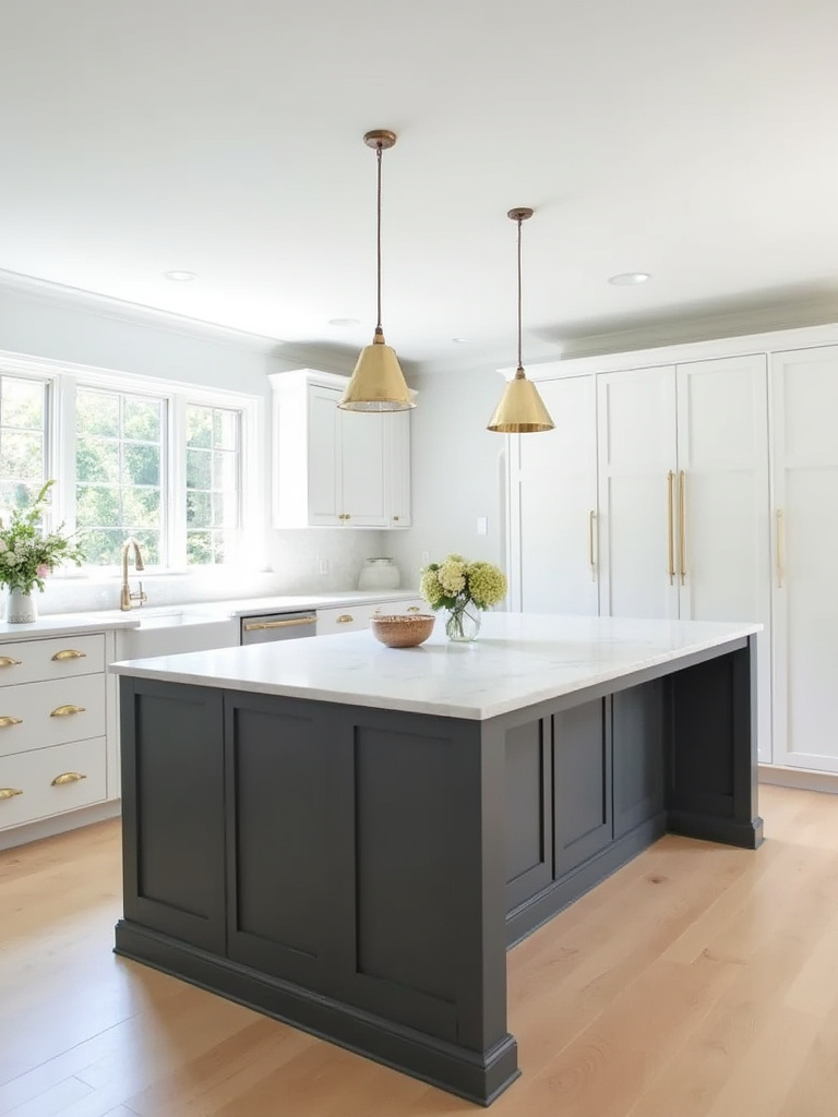 Charcoal grey kitchen island with white cabinets and gold hardware