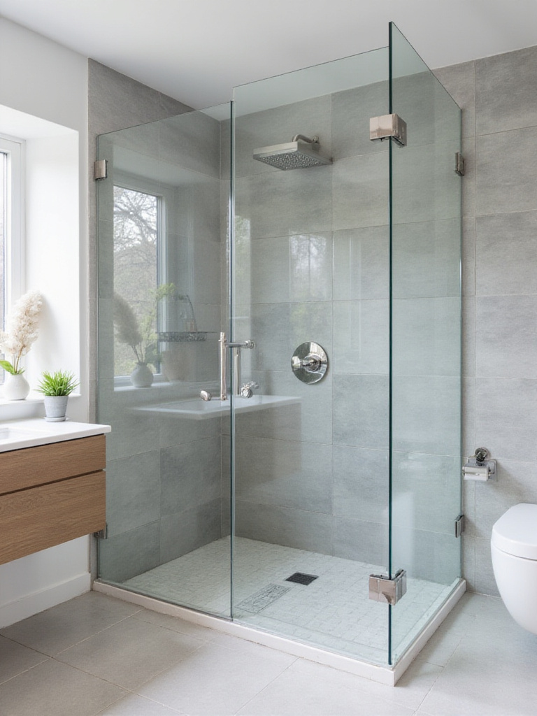 Elegant modern bathroom featuring a spacious frameless walk-in shower with clear glass, large format grey tiles, and minimalist fixtures, creating a clean and open feel.