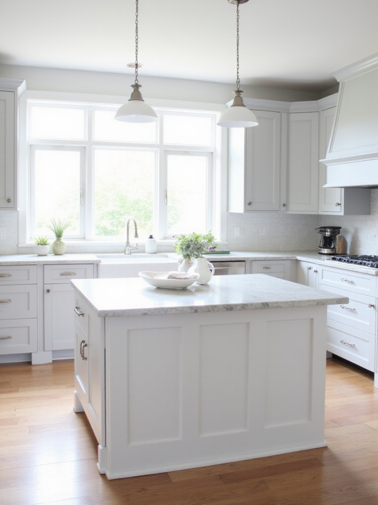Modern kitchen with a crisp white island and marble countertop