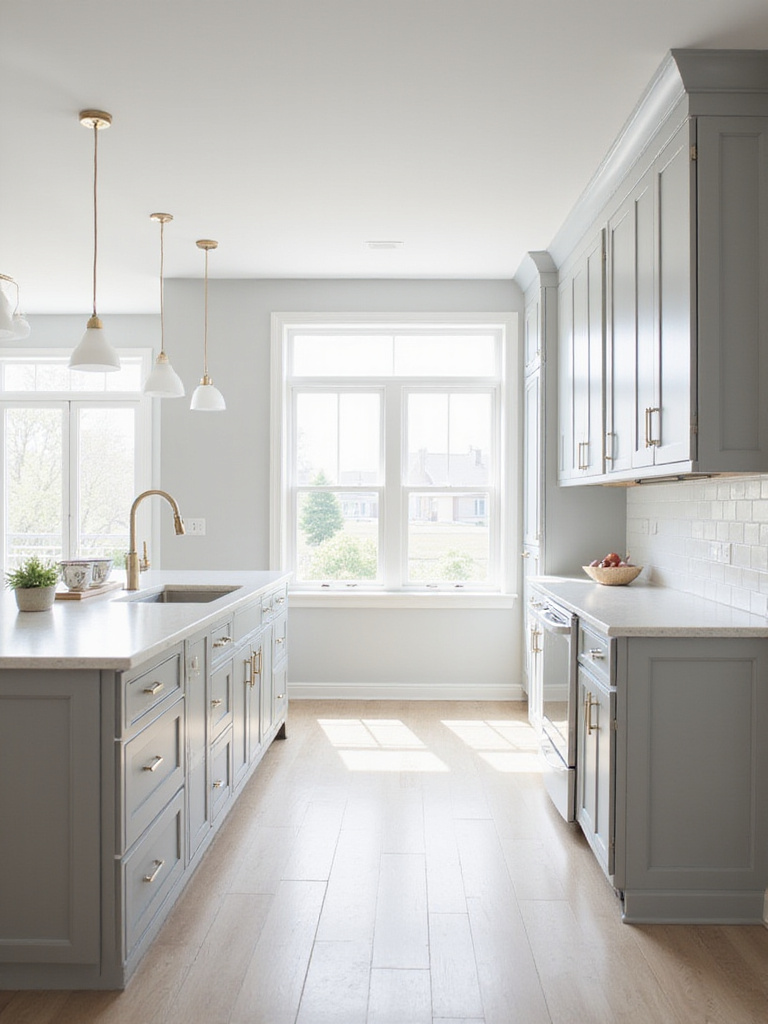 Stylish modern kitchen with neutral light grey cabinets, white countertops, and abundant natural light.