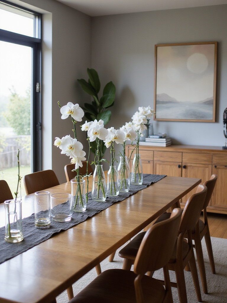Dining room with rectangular table featuring a centerpiece of white orchids in glass vases.