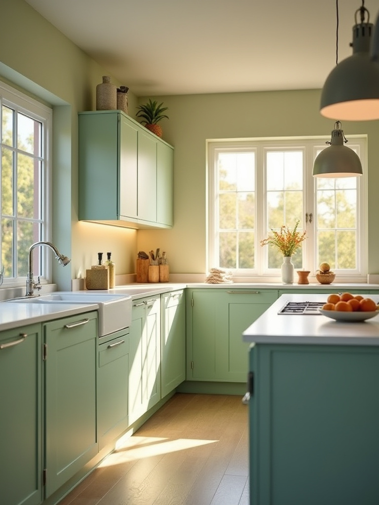 Sage green kitchen cabinets shown under three different lighting conditions: warm natural light, cool LED under-cabinet light, and neutral overhead light, illustrating how light changes cabinet color.