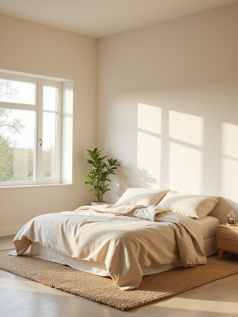 Calming beige bedroom with linen bedding and natural light