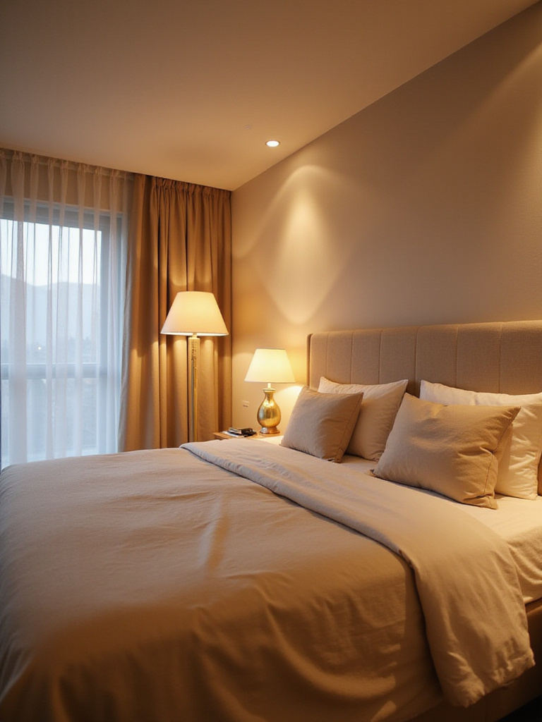 Beige bedroom with layered warm lighting creating a calming atmosphere